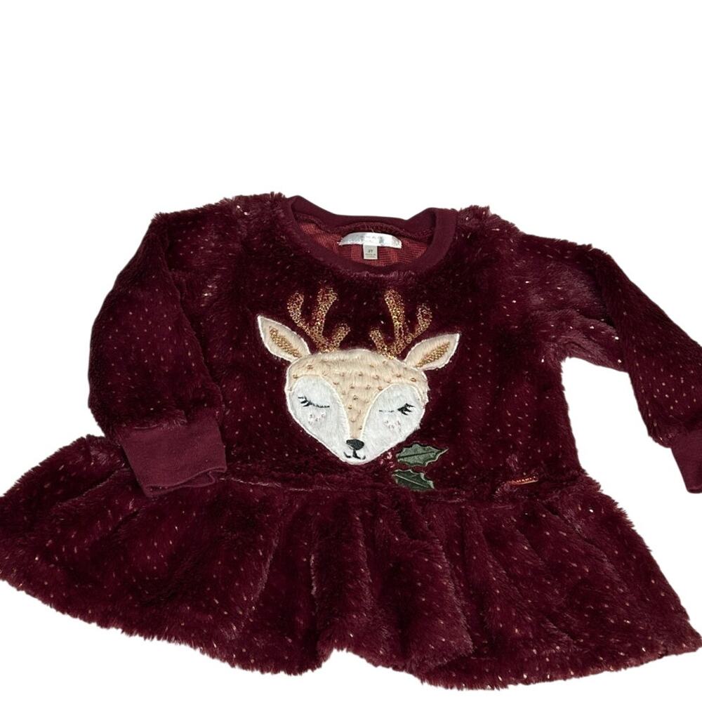 Tahari Girl sz 2T Christmas Reindeer Velour Dress Maroon